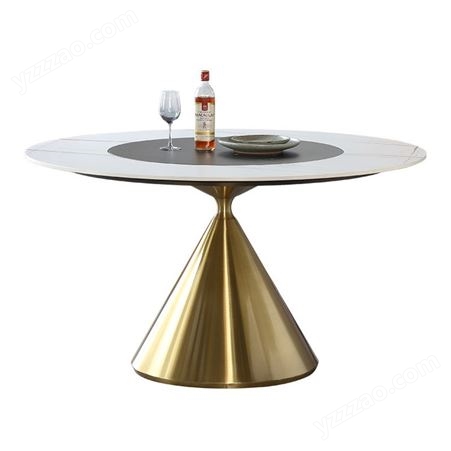 轻奢岩板餐桌大小户型内嵌式转盘家用圆形饭桌钛金底JJ062
