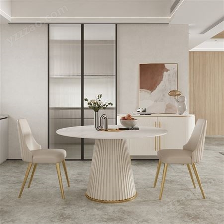 轻奢现代亮光岩板圆形餐桌家用小户型餐桌椅组合-jj116